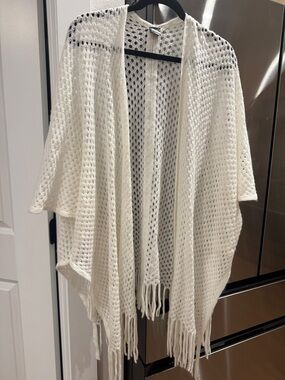 Open-Front Fringe Knit Poncho - Cream